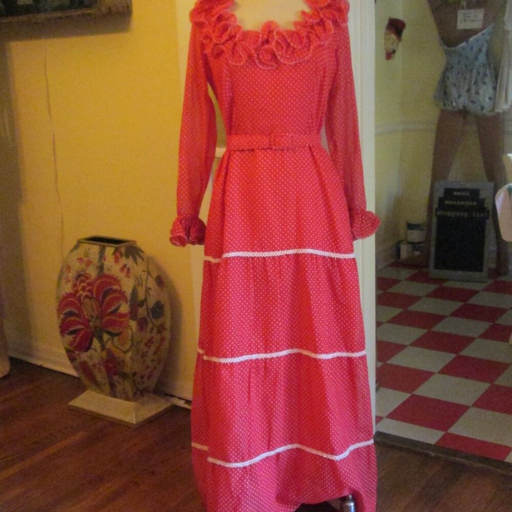 70s Red White Swiss Dot Maxi Dress Cottagecore SO CUTE